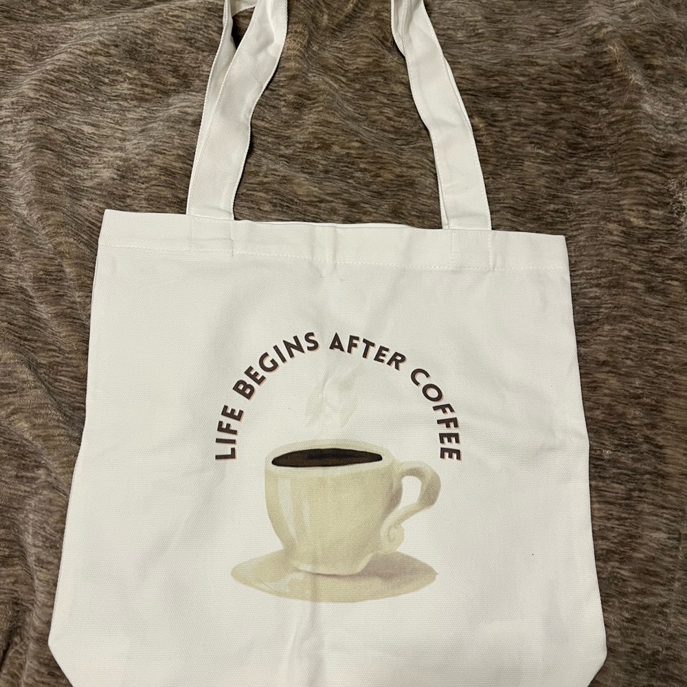 White Tote Bag with Coffee Cup Design